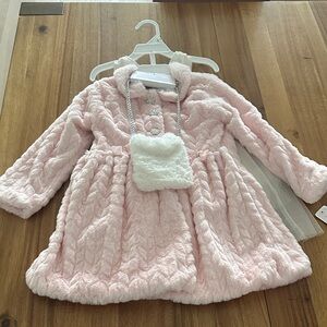 Little Lass Pink Faux Fur Coat with White Purse and Dress